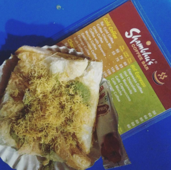veg puff with chutney and sev at Shambhu’s Coffee Bar ahmedabad